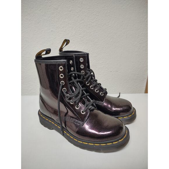 Dr Doc Martens Air Wair Patent Deep Purple Combat Boots Ladies Size 6 Men's sz 5 - Picture 1 of 14